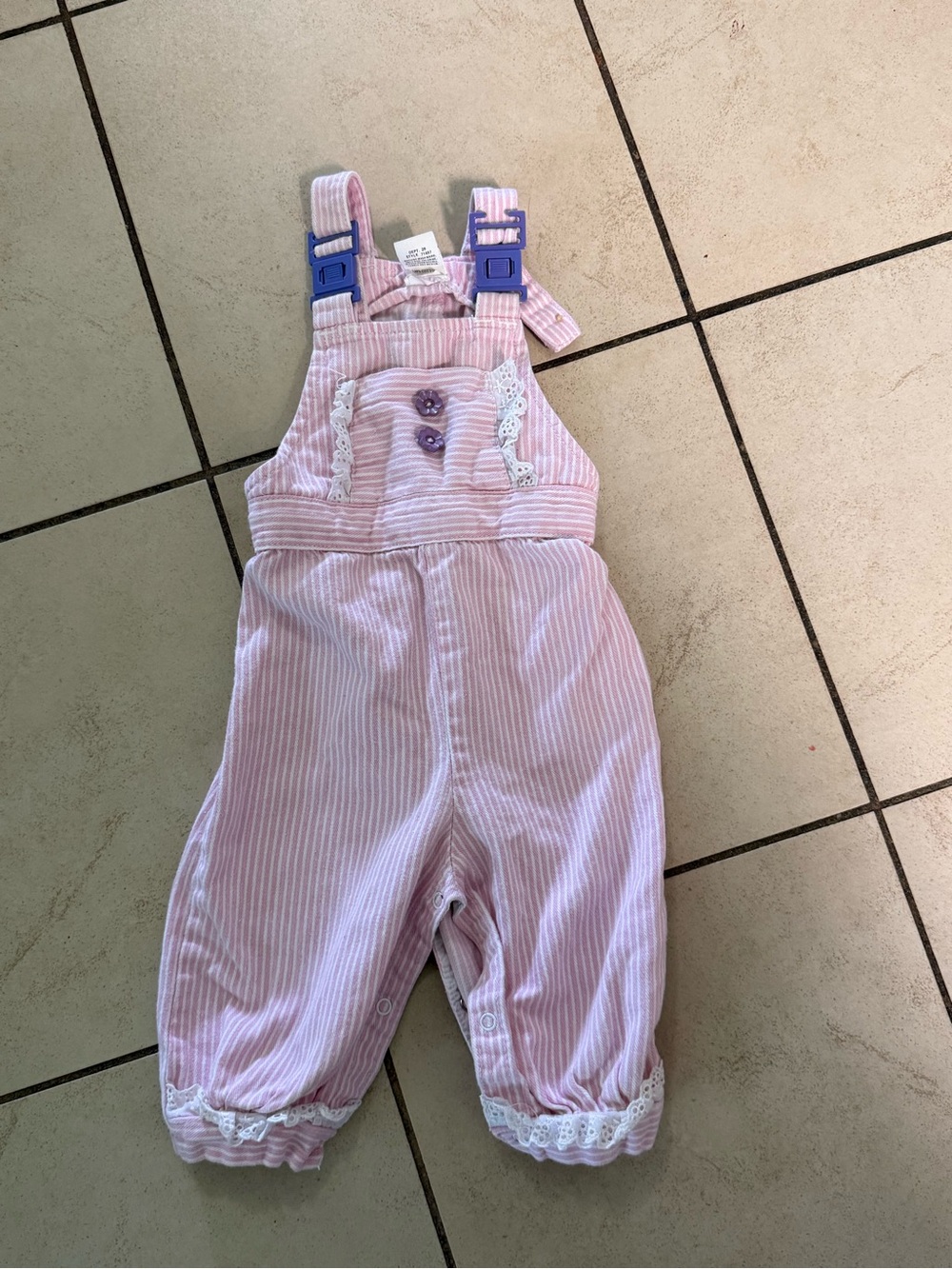 Vintage sears Pink Striped Baby Overalls - Lace Trim